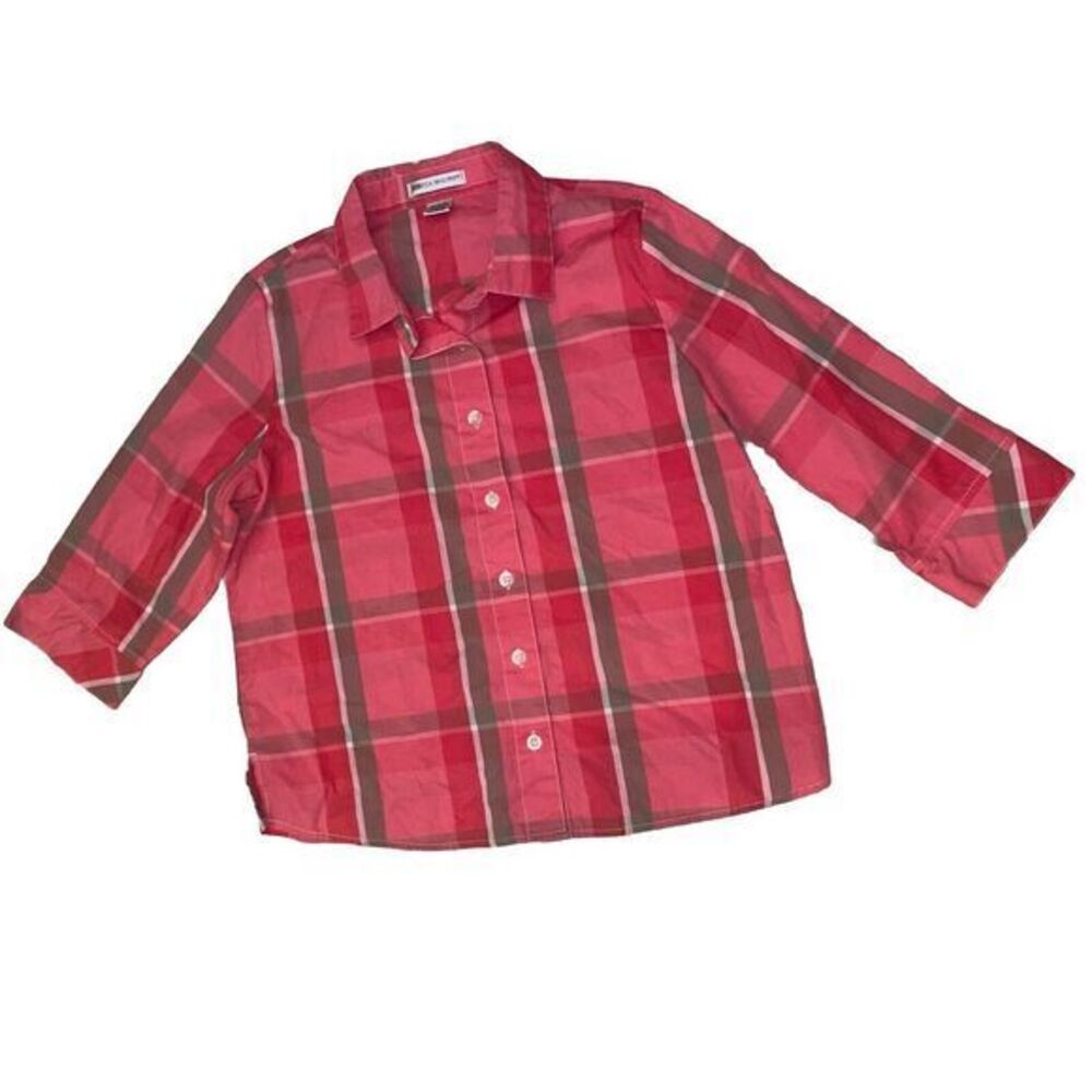 Rebecca Malone Top Blouse Large Pink Multicolor Plaid Womens 3/4 Sleeve Collared
